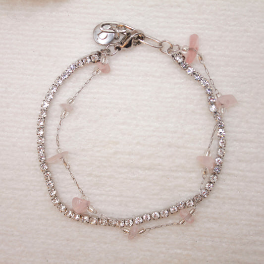 Pulsera Doble Shine Bright Plateado| Cuarzo Rosa
