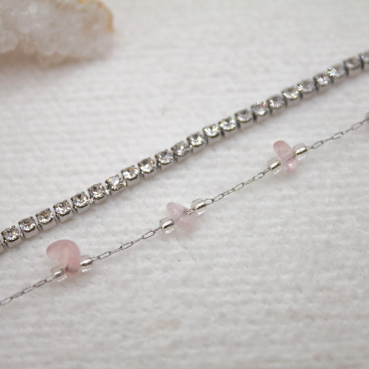 Pulsera Doble Shine Bright Plateado| Cuarzo Rosa