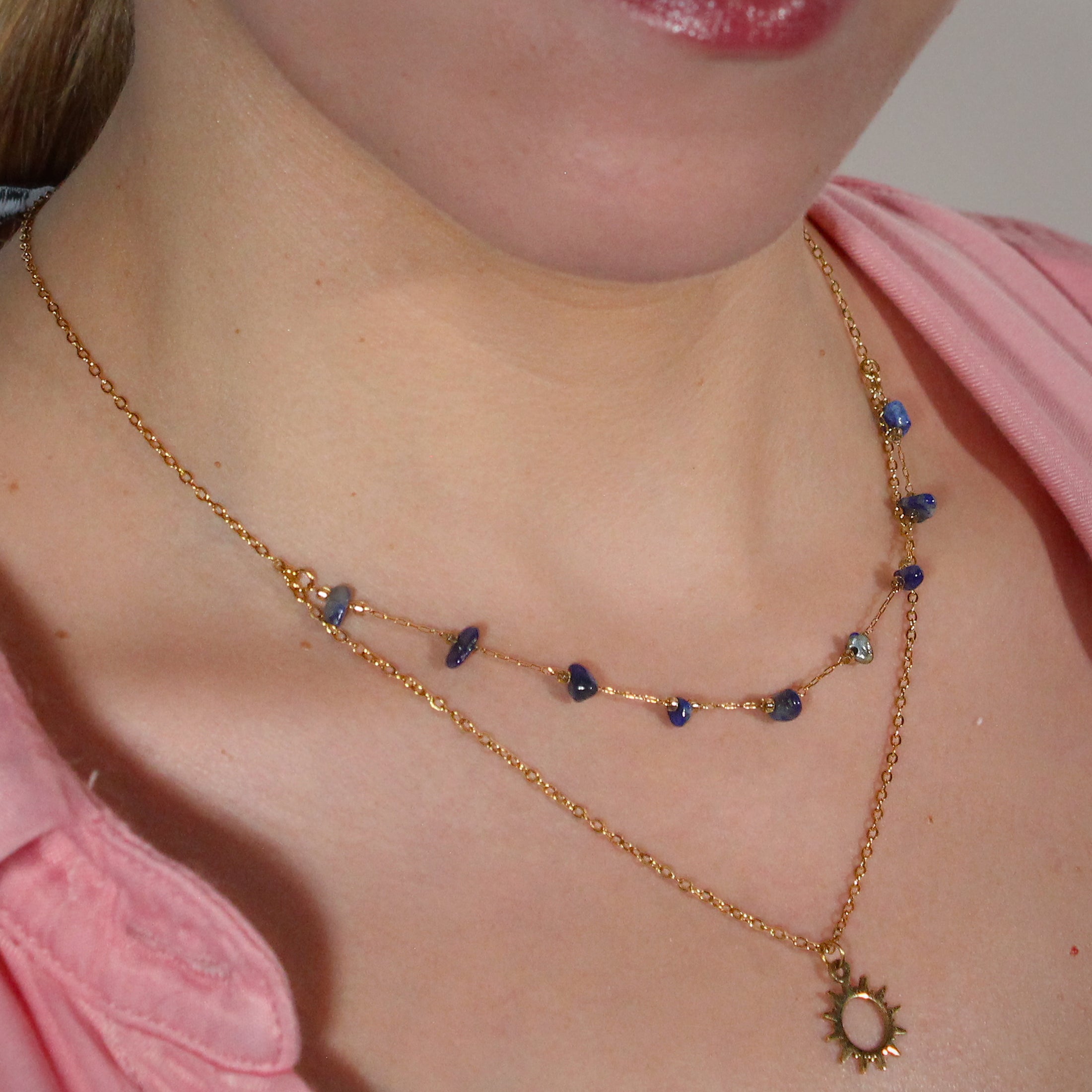Collar Chip Doble Dorado | Lapislázuli