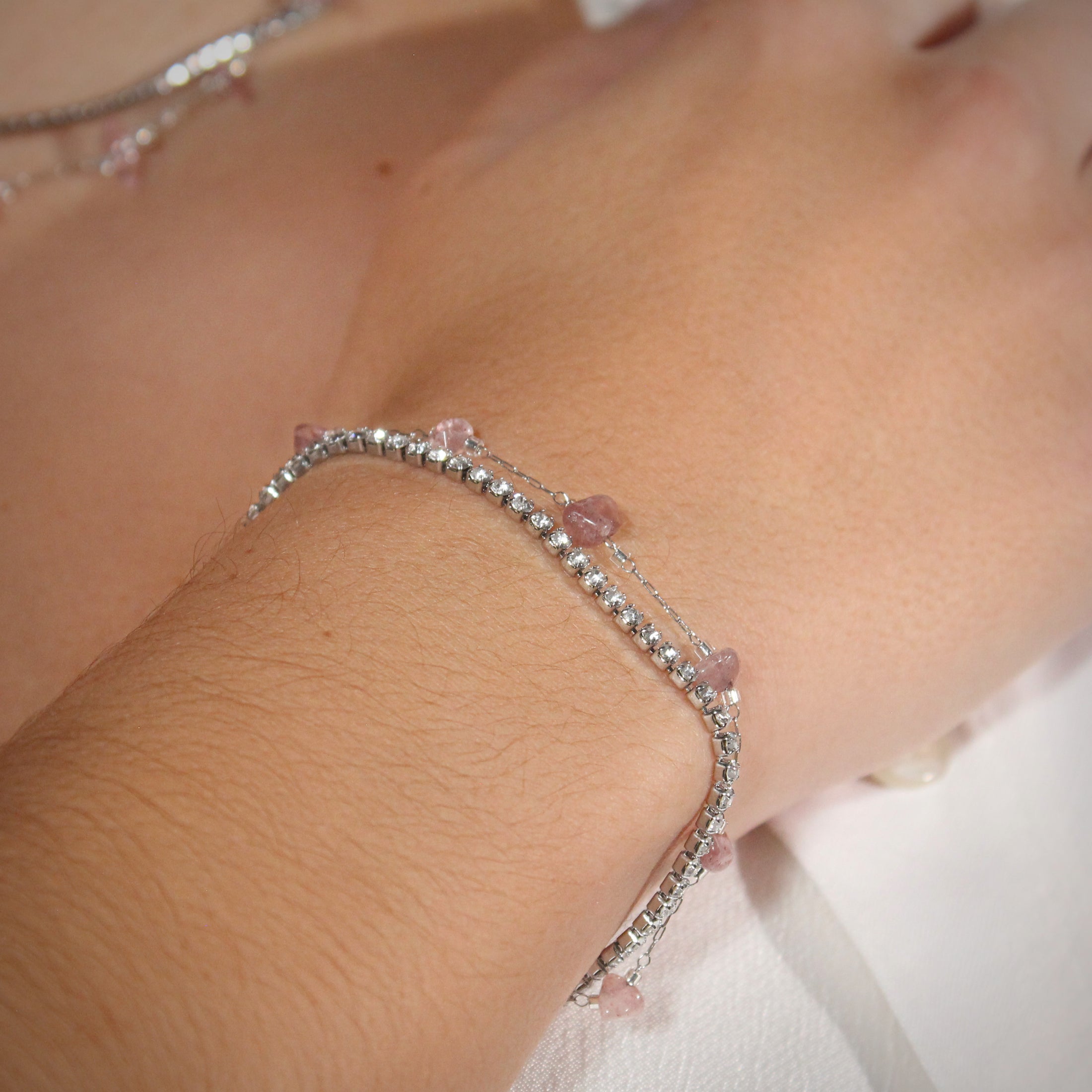 Pulsera Doble Shine Bright Plateado | Cuarzo Fresa